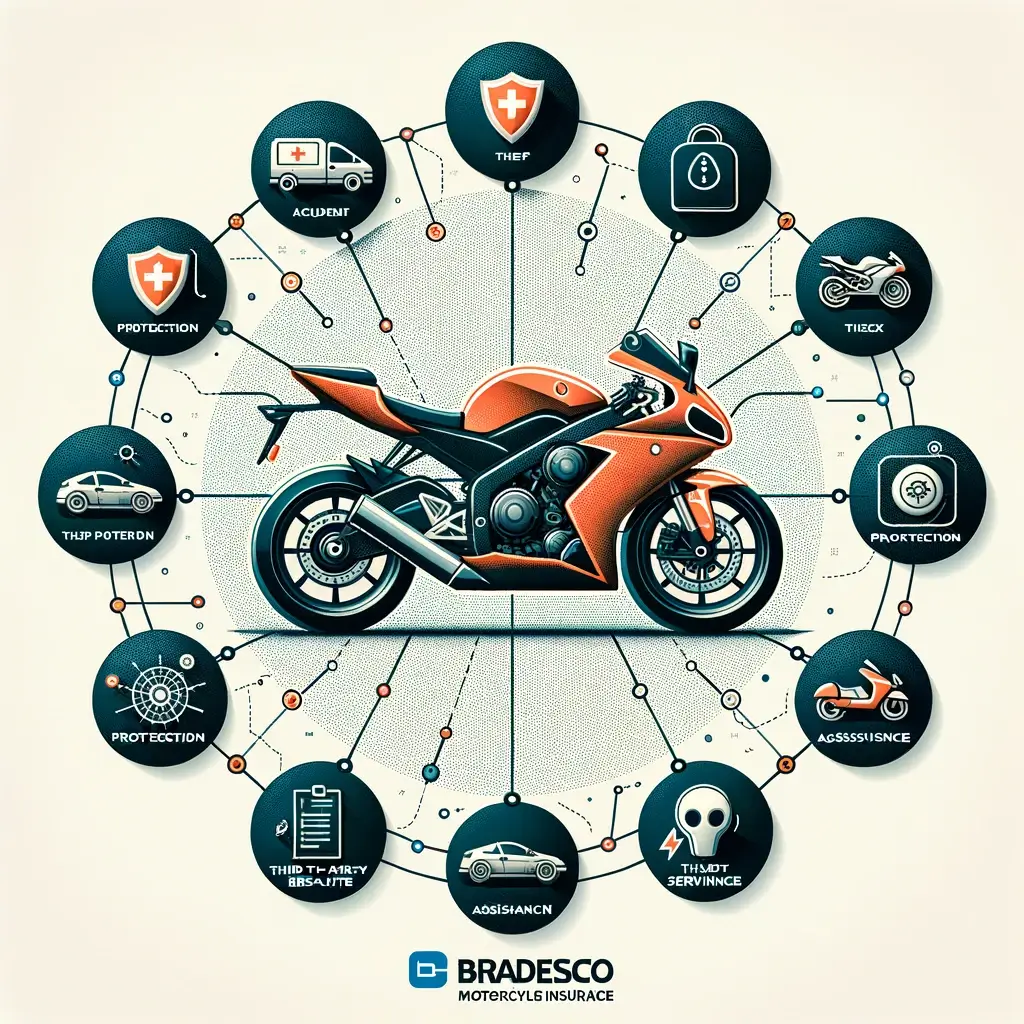 imagem de uma moto no centro, em volta vários tipos de proteções que se consegue, representando coberturas seguro de moto bradesco.