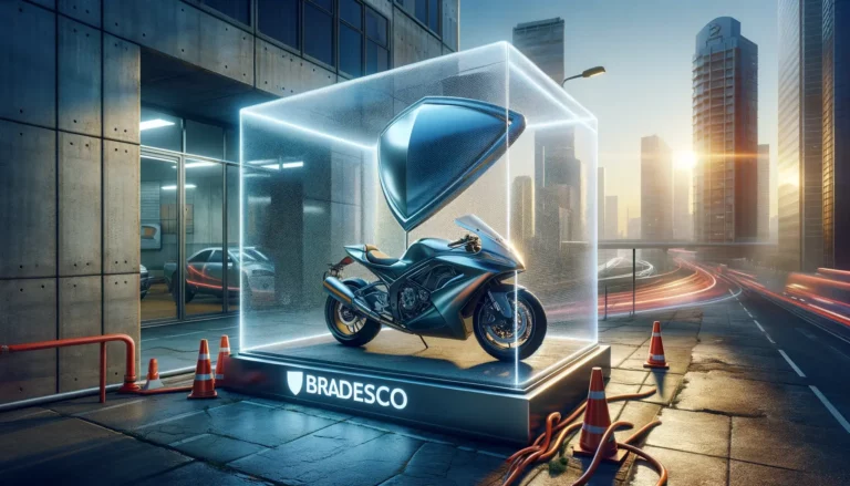 imagem de uma moto, em frente a uma concecionário, sendo protegida, com desenho de um escudo representando imagem representando seguro de moto Bradesco.