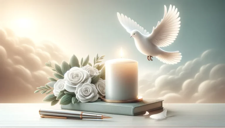 uma pomba branca, indo direto para uma mesa com uma apólice de assistência funeral, rosas-brancas e uma vela, na mesa.