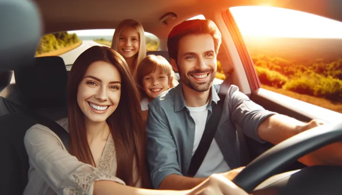Família feliz, demonstrando se é vantajoso fazer um consórcio de carro. Todos sorrindo.