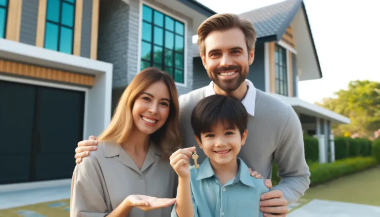 Pai, mãe e filho sorrindo, após serem contemplados no melhor consórcio imobiliário.