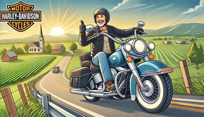 Homem feliz em sua Harley-Davidson na estrada, recebendo dicas para economizar no seguro da sua Harley-Davidson Heritage Classic.