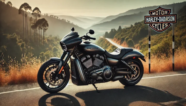 Moto Harley-Davidson de lado na estrada, representando seguro harley-davidson pan-america.